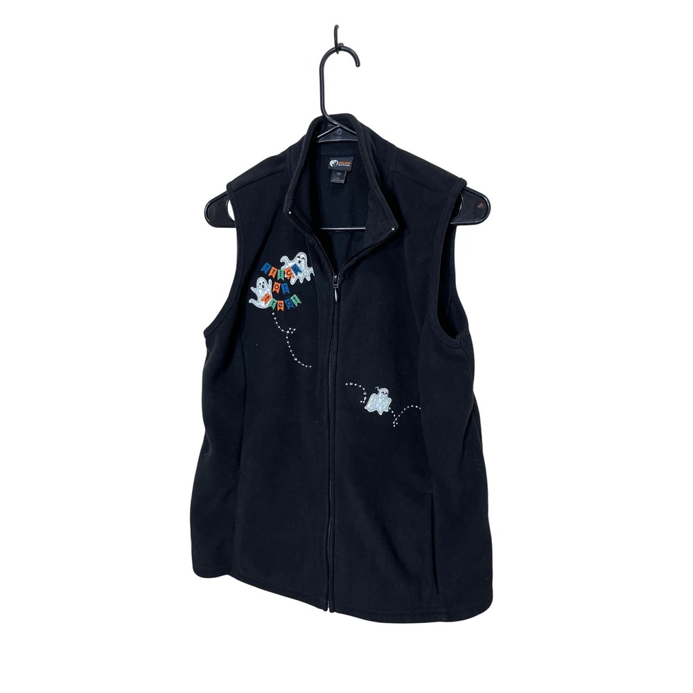 Holiday Editions Womens Black Fleece Ghost Trick‎ or Treat Vest Size S